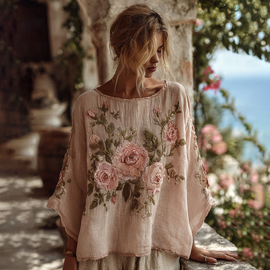 Vintage Pink Floral Pattern Linen V Neck T-shirt artswardrobe
