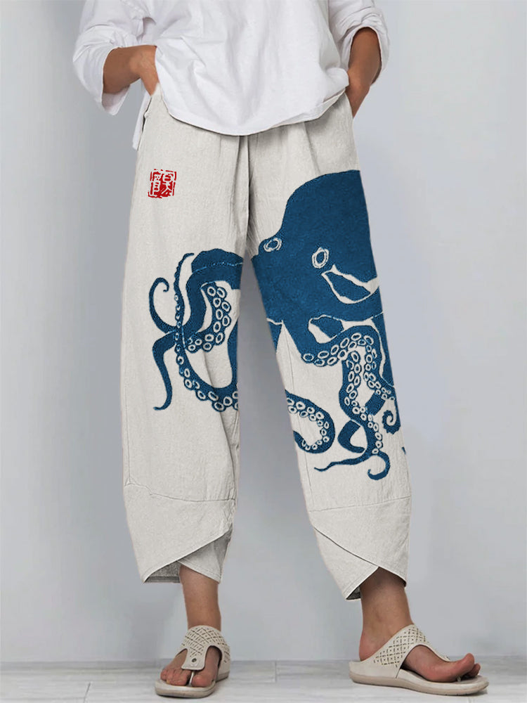 Comstylish Octopus Japanese Lino Art Cropped Casual Pants