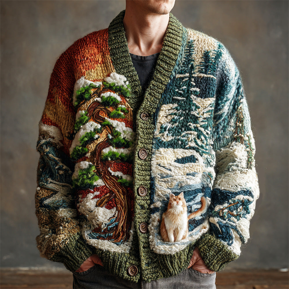 Snow Pine & Cat Men's Knit Cardigan elevenforest