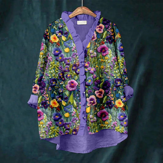 Comstylish Elegant Violet Wildflower Embroidery Art Ruffle Trim Linen Blouse