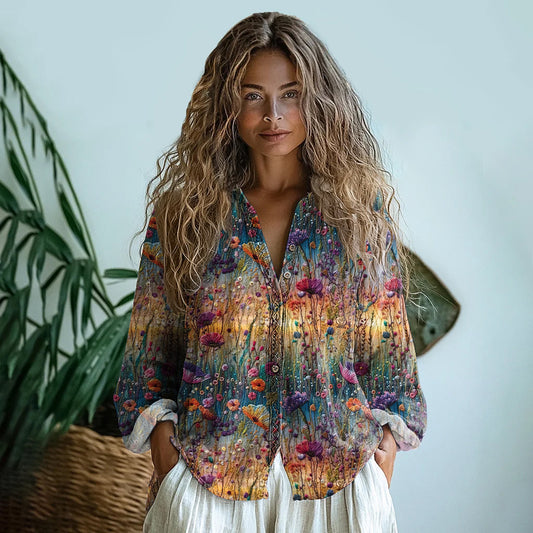 Comstylish Vintage Gradient Flowers Embroidered Linen Print Long Sleeve Shirt