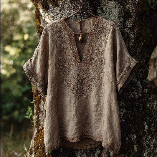 Antique Pattern Short-sleeved V-neck Top artswardrobe