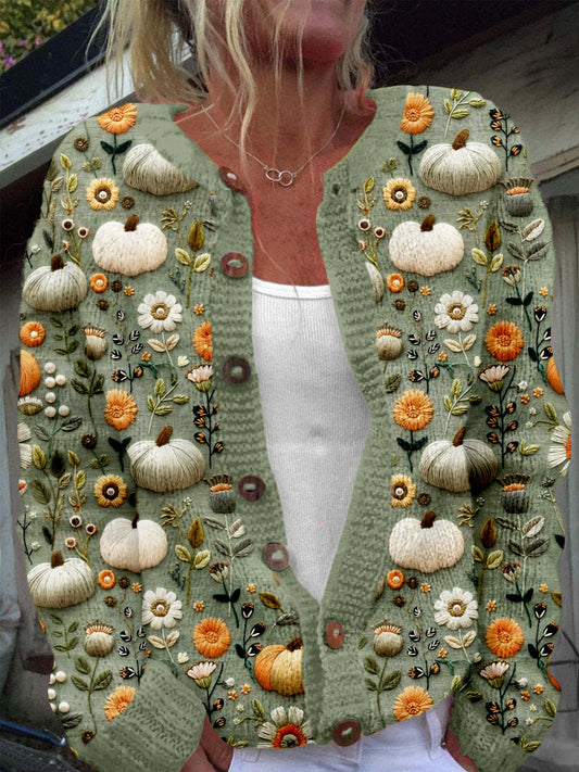 Fall Pumpkins Embroidered Cozy Knit Cardigan artswardrobe