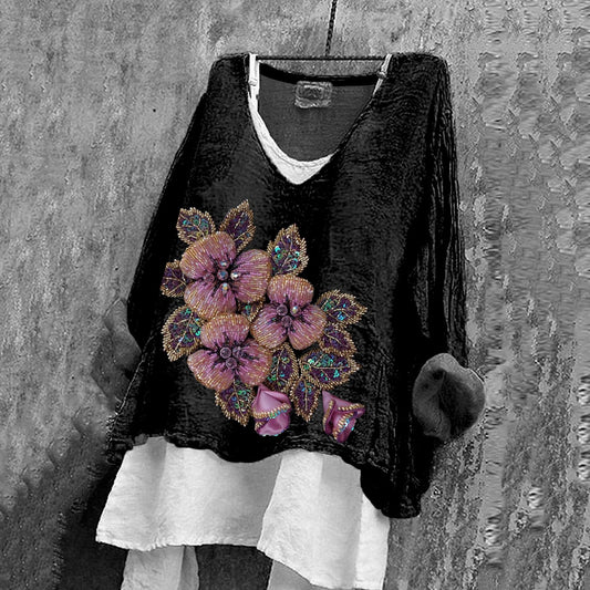 Comstylish Women's Beaded Flower Art V-neck Linen Blend Shirt