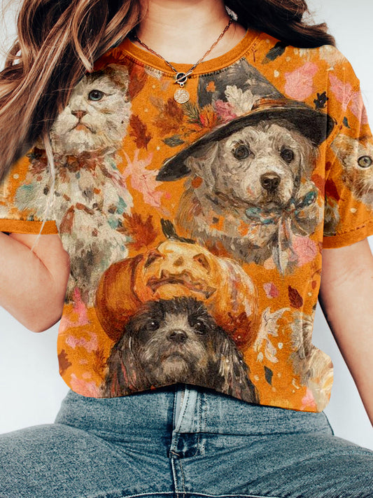 Comstylish Halloween Dogs And Cats Vintage Washed T Shirt