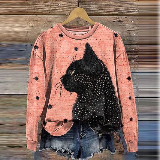 Comstylish Black Cat Crew Neck Casual Sweatshirt