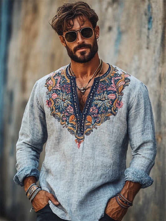 Men's Boho Floral Embroidered Linen Shirt artswardrobe