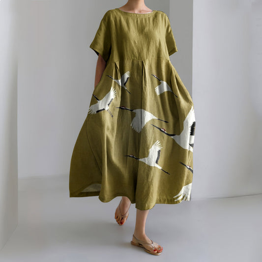 Comstylish Japanese Art Crane Printed Crew Neck Casual Midi Dress