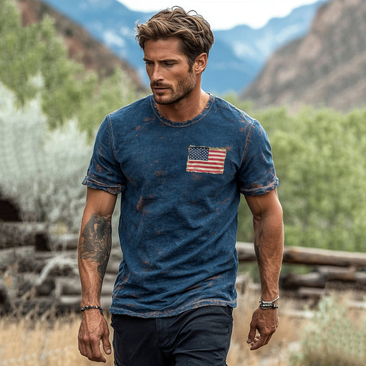 Men's Independence Day American Flag Print Linen T-shirt artswardrobe