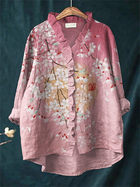 Comstylish Pink Cherry Blossom Japanese Art Ruffle Trim Linen Blouse