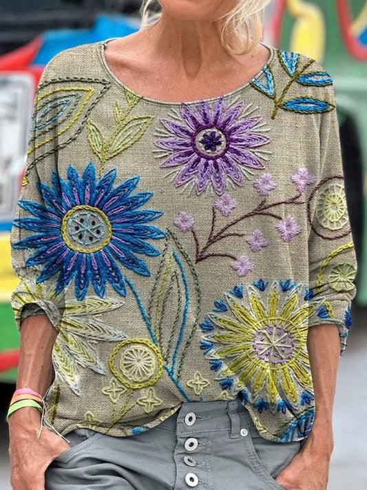 Comstylish Floral Embroidery Pattern Women's Linen Long Sleeve T-shirt