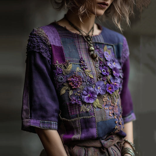 Women's Embroidered Pansy Floral Patchwork Check Short Sleeve T-shirt artswardrobe