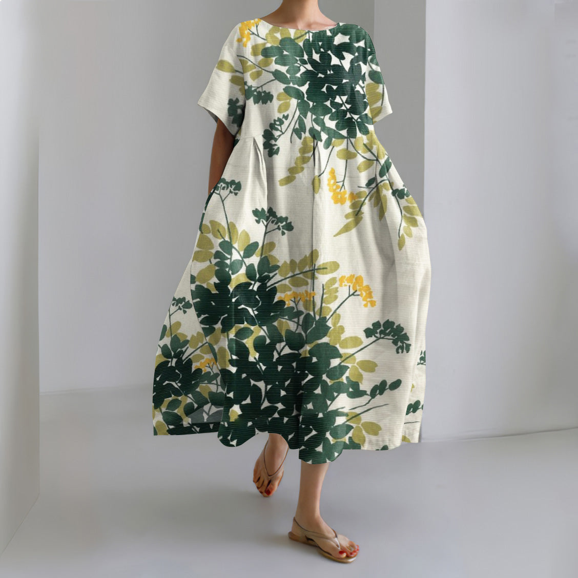 Comstylish Japanese Art Flower Print Round Neck Loose Midi Dress