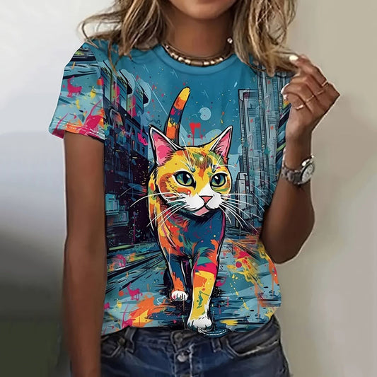 Comstylish Women's Pop Art Shocking Cat Color T-shirt