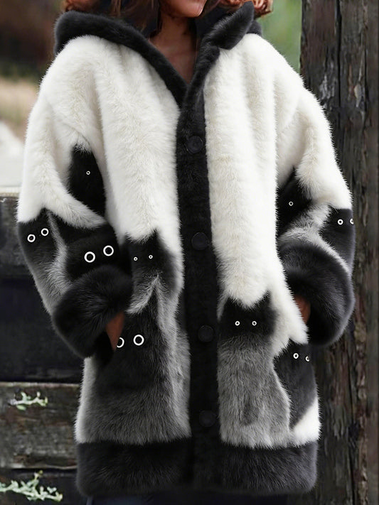 Comstylish Lovely Fuzzy Cats Art Contrast Cozy Hooded Cardigan