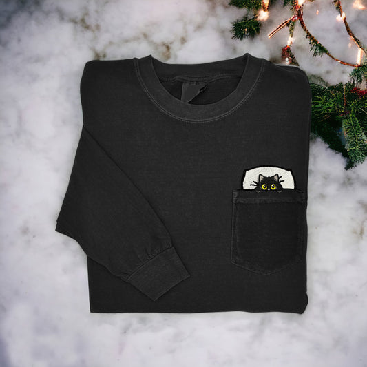 Funny Good Night Black Cat Embroidery Art Women's Cozy Pocket T-Shirt elevenforest