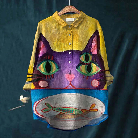 Comstylish Cat Print Casual Cotton And Linen Shirt
