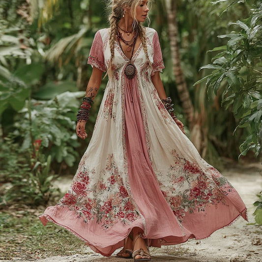 Women's Vintage Rose Floral Pattern V-neck Dress artswardrobe