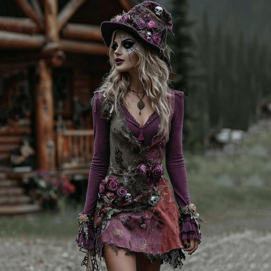 Comstylish Women's Halloween Rose Skull Witch Patchwork Midi Dress