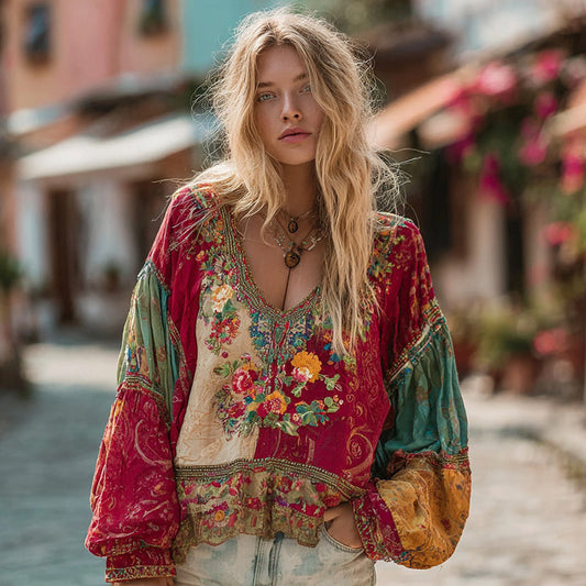 Comstylish Women's Bohemian Floral Embroidery Art Linen Blend V-neck Shirt