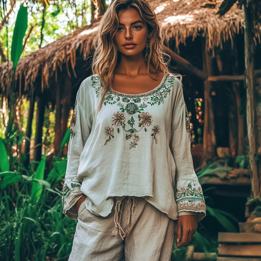 Vintage Bohemian Tribal Art Embroidery Print Cotton And Linen V-neck Loose Shirt artswardrobe