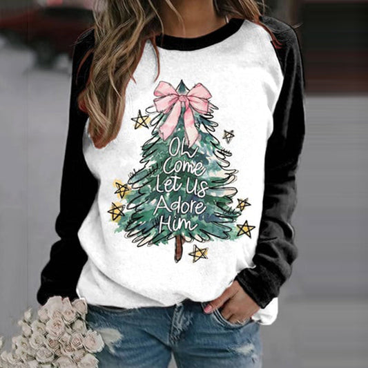 Comstylish Christmas Tree Print Crew Neck Casual Sweatshirt