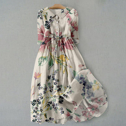 Comstylish Elegant Japanese Art Floral Print Lace-up Casual Midi Dress