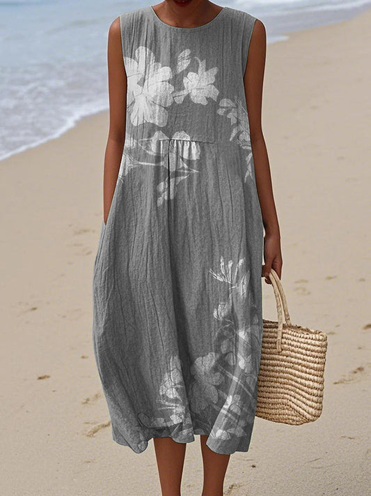 Vintage Loose Floral Art Linen Tank Dress artswardrobe