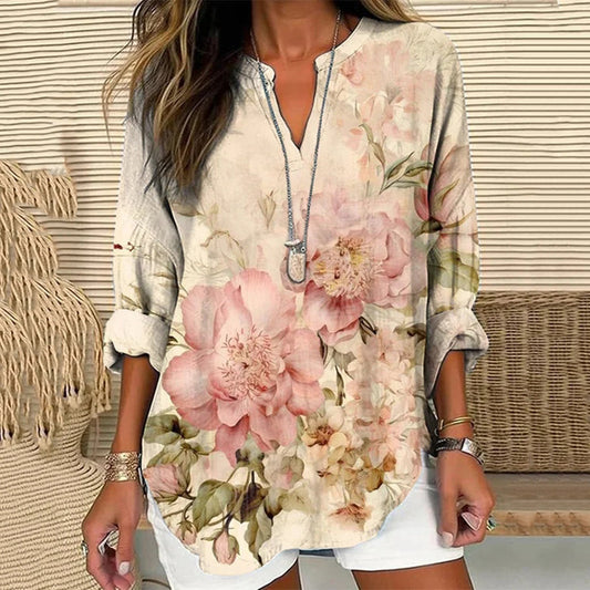 Women's Vintage Floral Art Linen Blend Shirt artswardrobe