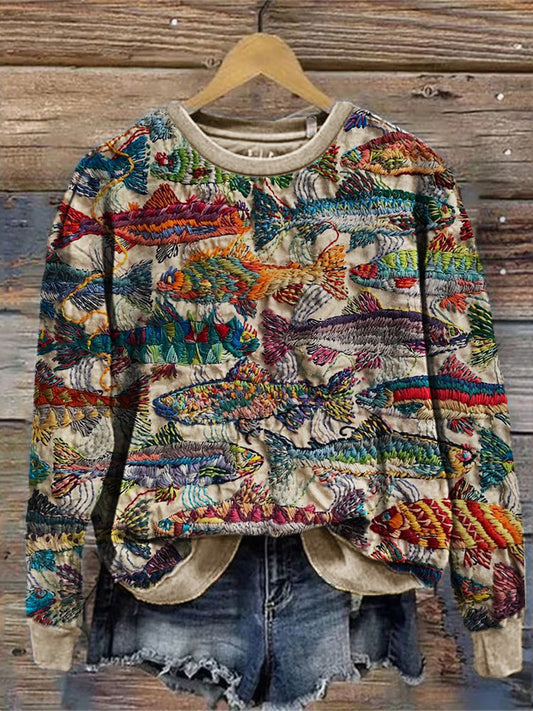 Comstylish Colorful Fish Embroidered Art Comfy Sweatshirt