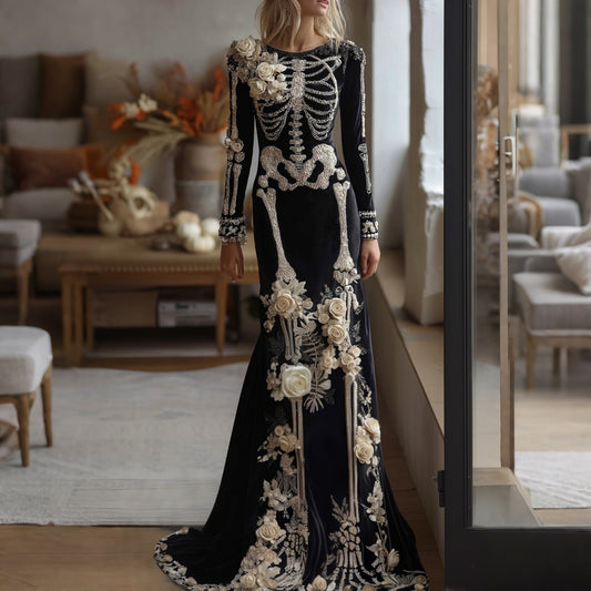 Comstylish Women's Halloween Dark Gothic Rose Skeleton Velvet Round Neck Maxi Dress
