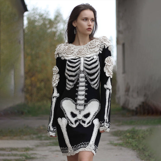 Women's Halloween Anatomy Art And Rose Knitted Ancient Round Neck Skirt artswardrobe