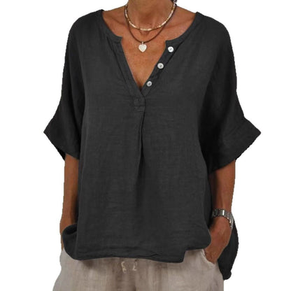 Women's Solid Color Button Linen V-neck Shirt artswardrobe