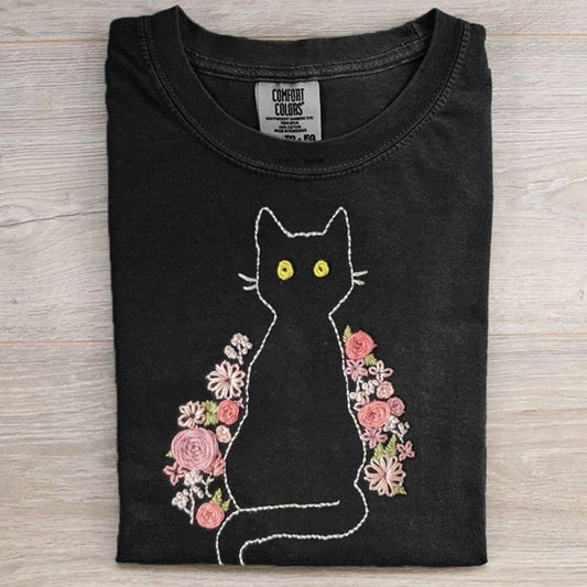 Comstylish Pink Floral Black Cat Embroidered Comfy T Shirt