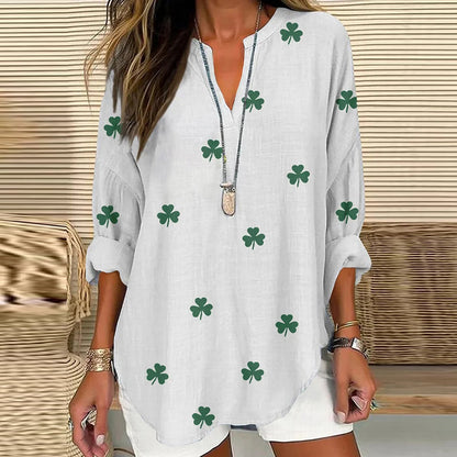 Comstylish St. Patrick's Shamrock Print V-neck Linen Blend Blouse