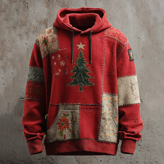 Comstylish Men's Vintage Christmas Tree Patchwork Art Print Casual Hoodie