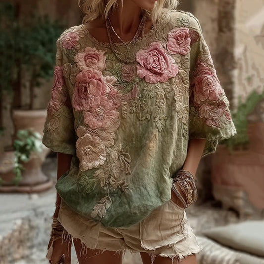 Vintage Floral Gradient Pattern Linen Comfy T-shirt artswardrobe