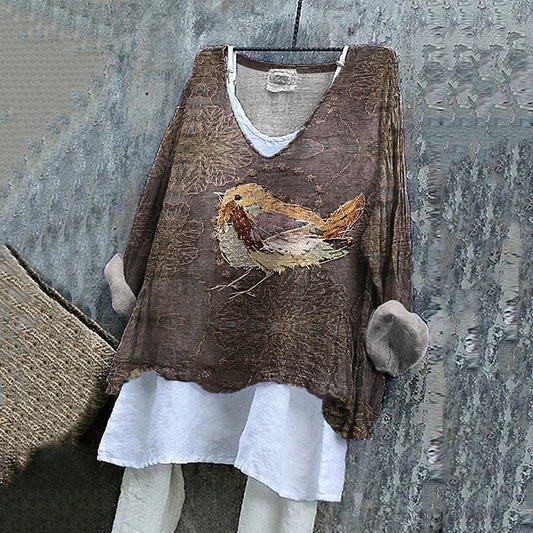 Women's Vintage Bird Art Embroidery Cotton And Linen Shirt artswardrobe