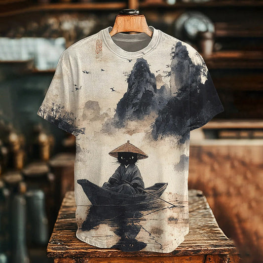 Men's Black Cat Rowing Landscape Ink Painting Art Print T-shirt elevenforest
