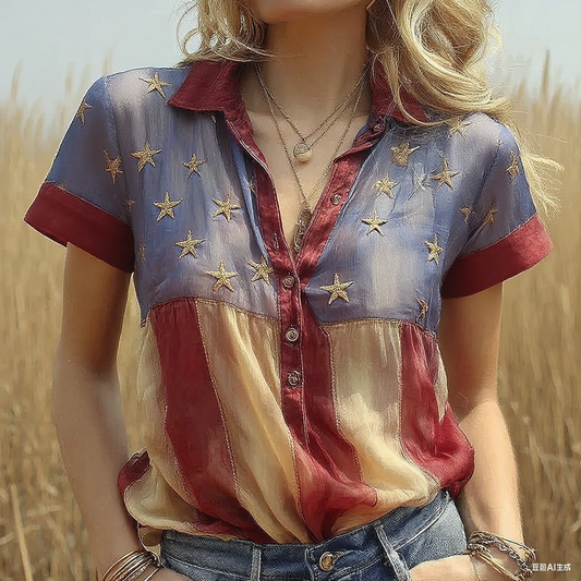 Comstylish Women's Vintage Independence Day Star Sequin Design Lapel Shirt