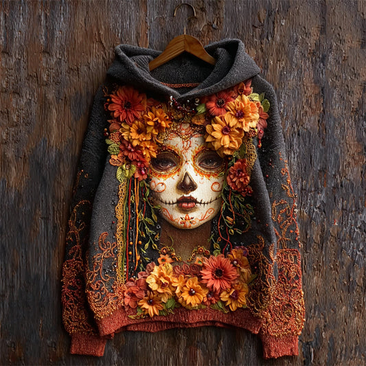 Comstylish Day Of The Dead Sugar Skull Woman Flowers Lace Fiber Art Cozy Knit Hooded Sweater