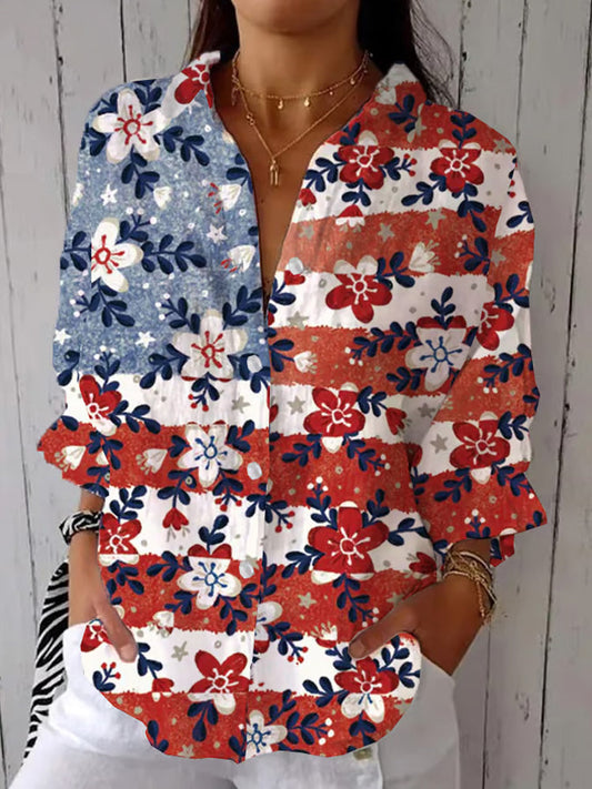 Comstylish Women's Casual Cotton And Linen Floral Independence Day Shirt