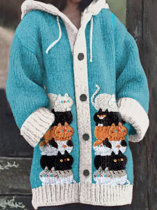 Women's Christmas Cute Pet Cat Embroidery Printed Hoodie elevenforest