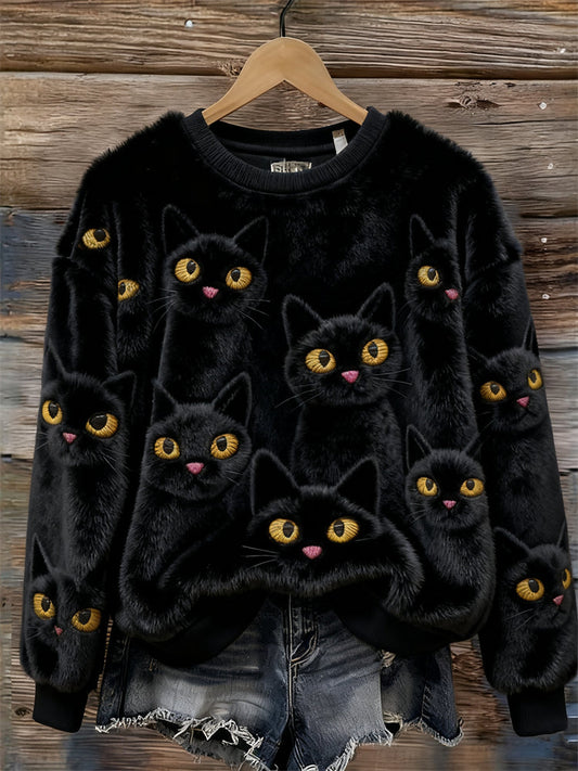 Fuzzy Lovely Black Cats Cozy Plush Sweatshirt elevenforest