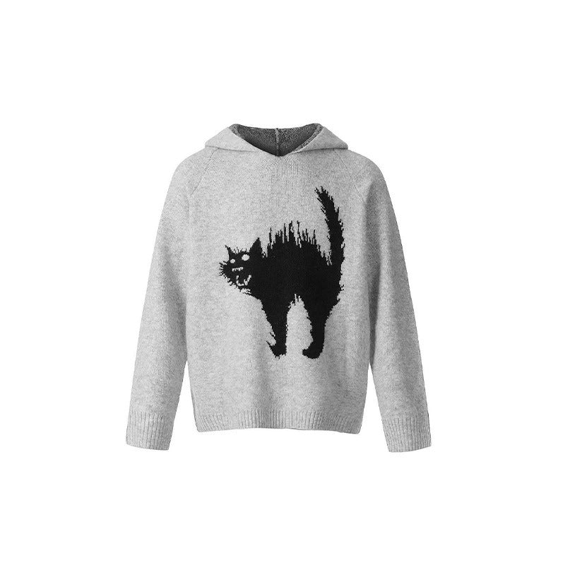Unisex Scaring Black Cat Jacquard Art Knit Cozy Unisex Hooded Sweater elevenforest