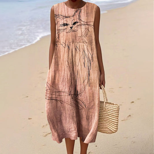 Comstylish Women's Cat Art Linen Tank Midi Dress