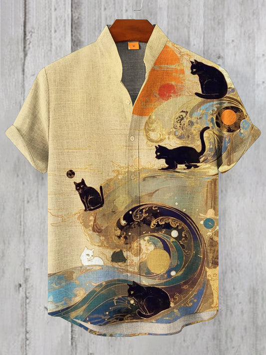 Japanese Art Cat & Wave Men's Short Sleeve Shirt elevenforest