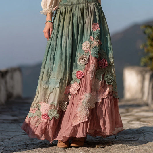 Vintage Boho Roses Embroidered Gradient Flowy Linen Skirt artswardrobe