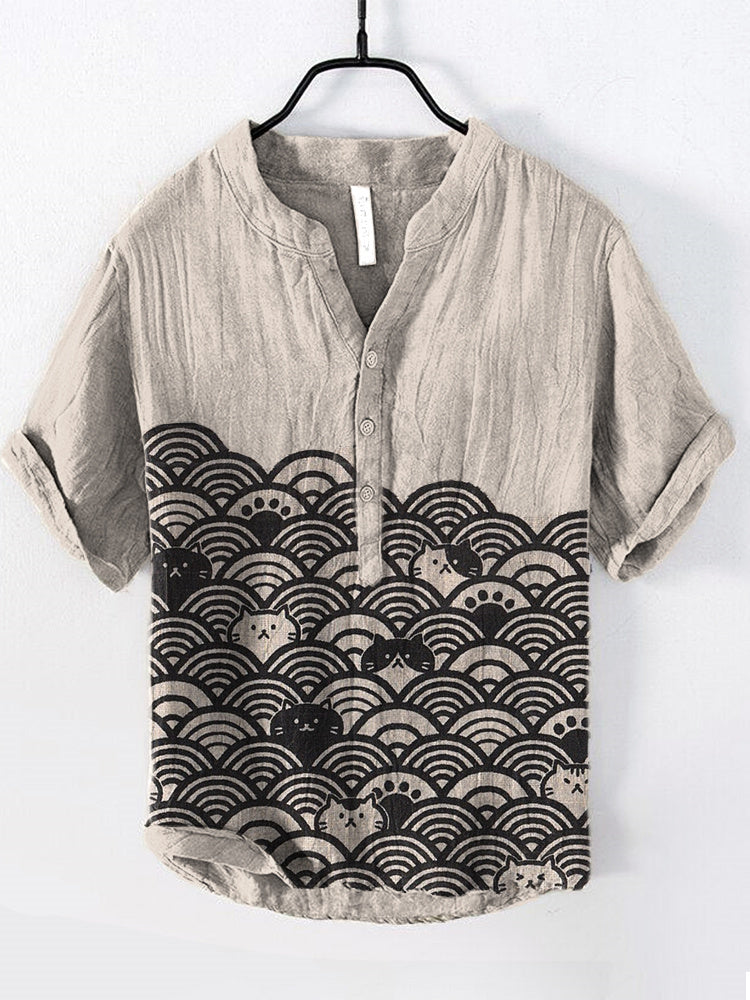 Cats & Waves Japanese Art Print Cozy Cotton Linen Shirt elevenforest