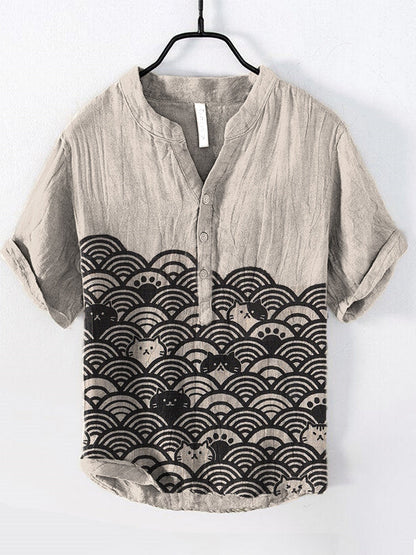 Cats & Waves Japanese Art Print Cozy Cotton Linen Shirt elevenforest